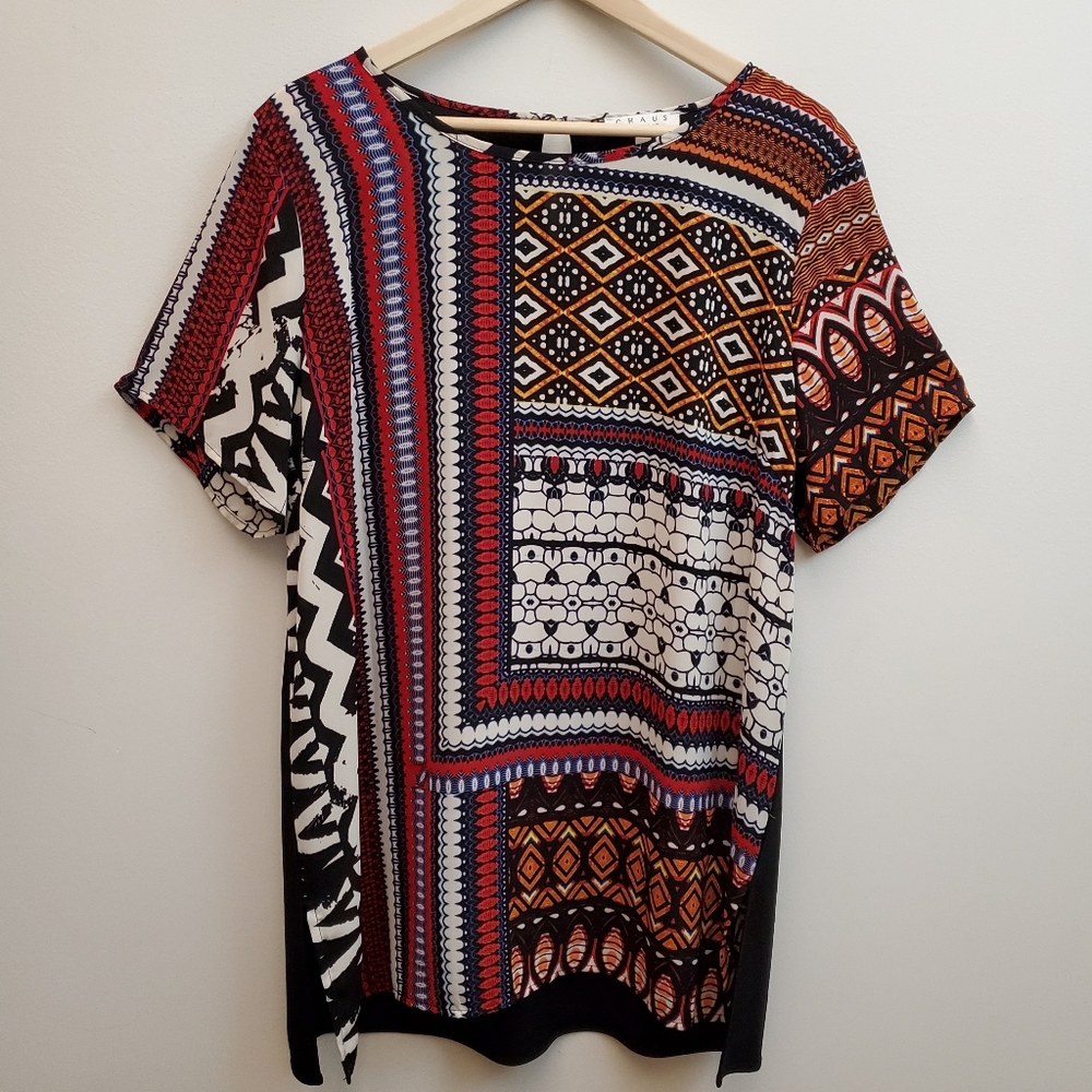 CHAUS Short-sleeve Vibrant Geometric Tunic, XL
